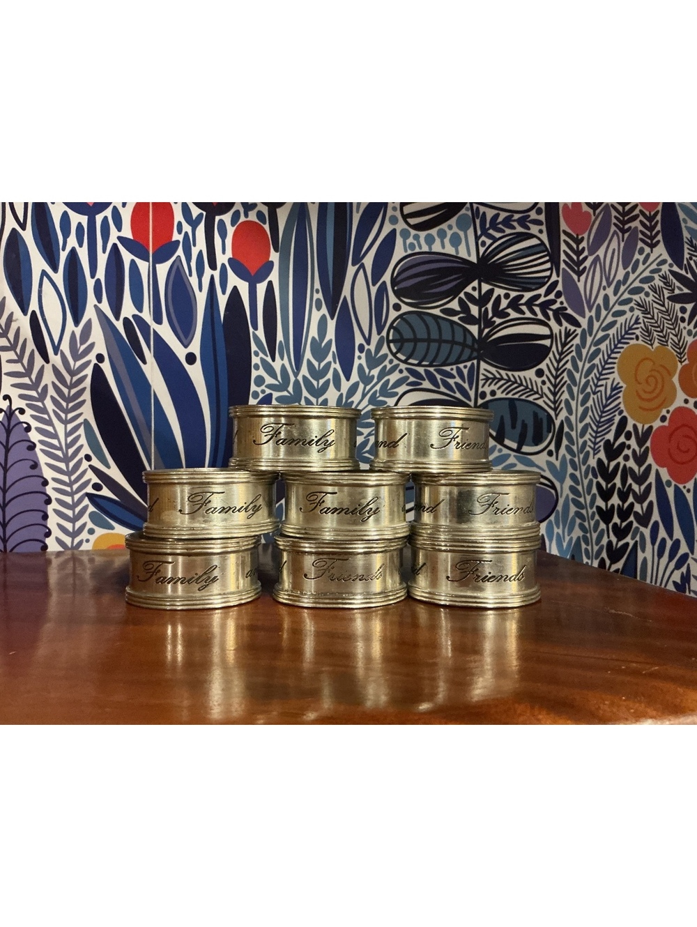 Pottery Barn Silver Napkin Rings, Family Friends Engraved, Set of 8